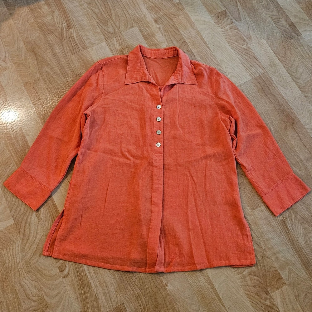 Fridaze Linen Button Down Shirt Size M Orange 3/4 Sleeve Back Pleat Tunic